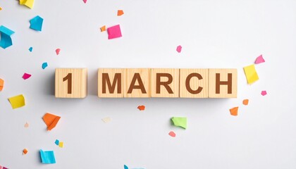 Wooden Blocks with Date 1 March. Calendar for birthday or anniversary on solid colored background with confetti
