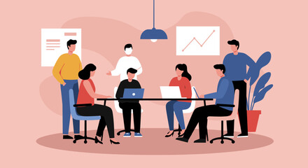 Diverse business team collaborating in a modern office meeting, discussing strategy and analyzing data. Ideal for corporate, teamwork, or startup concepts.