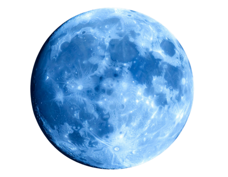 Mystical Blue Full Moon with High Contrast Details, Isolated on Transparent Background PNG