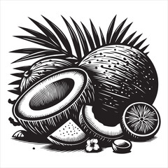 fresh coconut ruit vector silhouette, vector black color silhouette, isolated white background