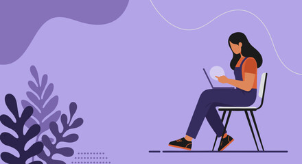Woman focused on her laptop in an abstract purple environment, embodying digital productivity, remote work, and modern lifestyle concepts.