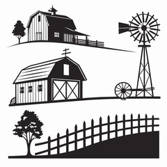 Farm scene silhouettes barn windmill fence tree vector