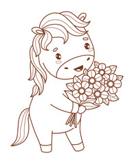 Outline Happy Holiday Horse with Bouquet of Flowers. Cute Pony Kawaii Animal. Line drawing, coloring book. Vector illustration. Kids collection. Not AI