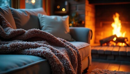 Cozy Winter Evening by the Fireplace Relaxing on a Plush Couch with a Thick Throw Blanket in a Warmly Lit Living Room