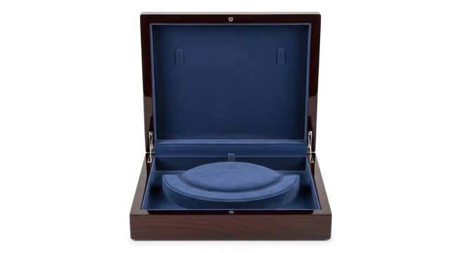Open dark-red wooden jewelry box with a dark-blue velvet interior, showing a circular, padded base