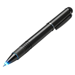 A sleek black pen with a blue light emitting from the tip on a dark background in a studio shot