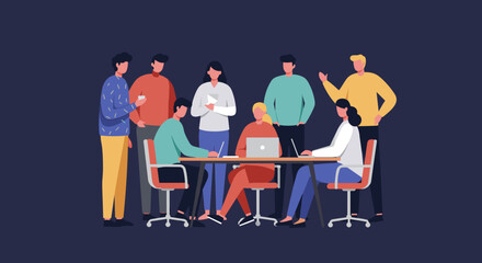 Group of diverse professionals collaborating on a project in a modern office environment, symbolizing teamwork, innovation, and effective communication.