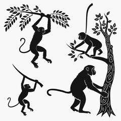 Four black monkey silhouettes hanging from trees branch