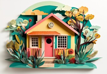 Unique paper collage artwork representing a contemporary house style.