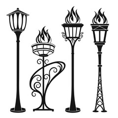 Four black torch and lamp silhouettes with flames vector