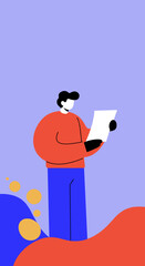 Minimalist illustration of a person intently reading a document. Ideal for business, education, contracts, or administrative concepts, emphasizing focus and information.