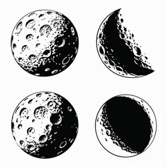 Four celestial bodies cratered surface silhouettes moon planet