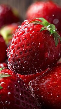 Fresh ripe strawberry with vibrant red color and juicy texture, covered in droplets. Perfect for food, nutrition, and wellness-inspired visuals.