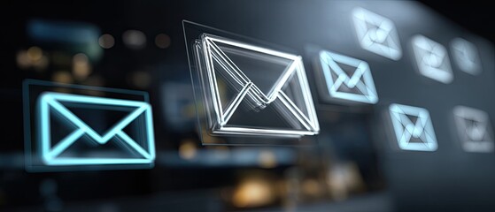Digital email icons overlaying a dark background