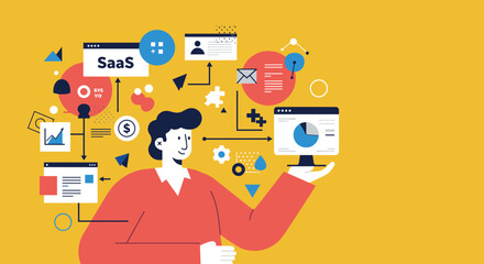 Smiling person interacting with interconnected SaaS software elements, data analytics, and digital communication tools. Ideal for business, technology, and IT concepts.