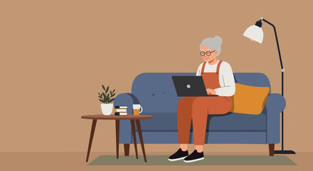 Elderly woman comfortably working on a laptop at home, embracing technology for online learning, remote work, or connecting with family.