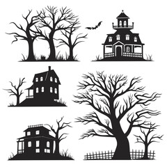 Haunted mansion and bare trees silhouettes Halloween