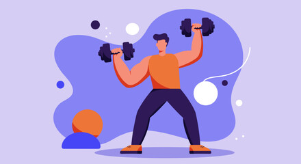 Energetic man lifting dumbbells overhead, demonstrating strength and commitment to fitness. Ideal for health, wellness, and active lifestyle content.