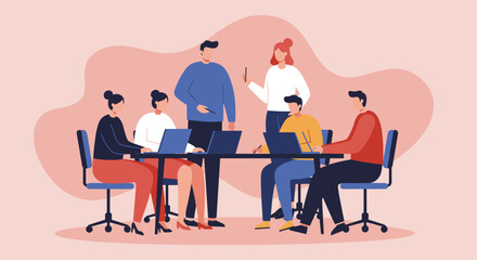 A diverse team collaborates in a modern office, discussing ideas and working on laptops. Ideal for business, technology, or corporate teamwork concepts.