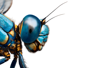 Colorful macro close-up of blue dragonfly head with detailed compound eye isolated on transparent background