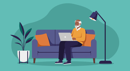 Senior man working or relaxing on a laptop from the comfort of his home sofa, embodying modern remote work and digital lifestyle.