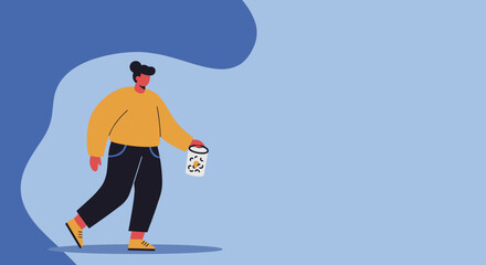 Obraz premium Minimalist illustration of a person walking casually while holding a patterned cup, symbolizing everyday routines, coffee breaks, or simple pleasures. Perfect for lifestyle and business concepts.