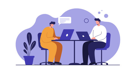 Two men collaborate on laptops in a modern office, symbolizing teamwork, online communication, and digital project management for business and education.