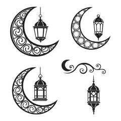Islamic crescent moons and ornate lanterns decorative