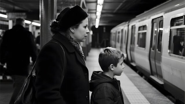 A woman and a child stand on a subway platform, waiting for the train.