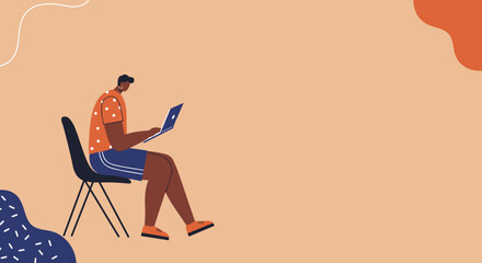 Focused individual working on a laptop, symbolizing remote productivity and modern digital lifestyle in a vibrant, minimalist setting. Ideal for business and technology concepts.