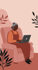 Older Black woman comfortably uses a laptop at home, symbolizing digital literacy, remote work, and accessible technology for seniors.