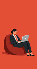 Professional businesswoman working remotely on a laptop, sitting comfortably on a bean bag chair. Represents flexible work, productivity, and modern business.