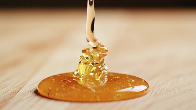 Golden Honey Dripping on Light Brown Wooden Surface in a Close Up Shot