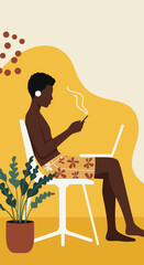 Relaxed person working remotely or enjoying digital content on a smartphone and laptop. Represents flexibility, connectivity, and modern lifestyle.