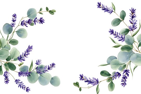 Watercolor eucalyptus leaves and purple lavender flower