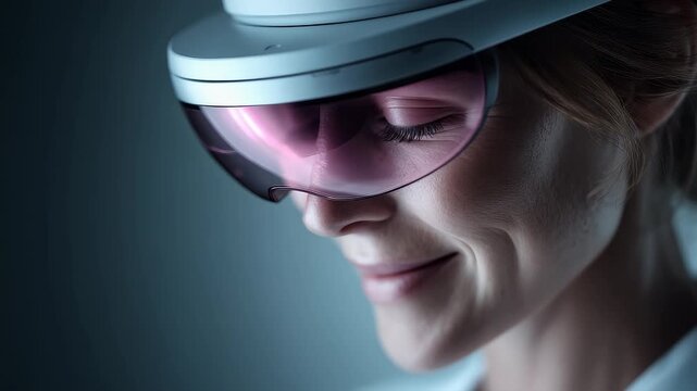 Future Tech Woman Wearing AR Glasses Focuses on Work