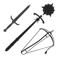 Medieval weapons silhouettes sword mace crossbow vector