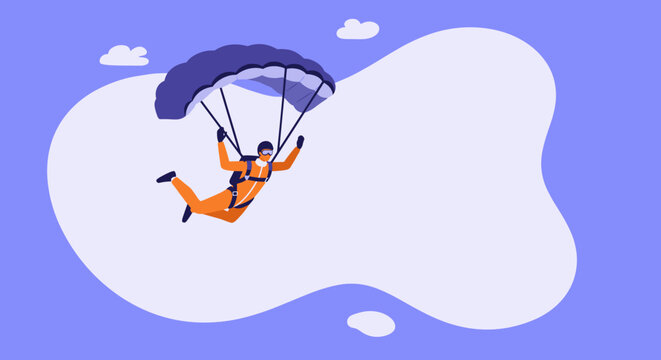 Skydiver in an orange suit descending with an open parachute against a clear sky, embodying freedom and extreme adventure. Ideal for concepts of thrill, challenge, or overcoming limits.