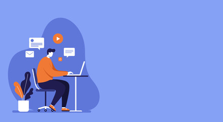 Man uses laptop for online communication and work, surrounded by digital media icons. Concept of remote work, productivity, social networking, and digital lifestyle.