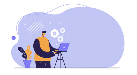 A focused man works on a laptop placed on a stand, surrounded by abstract shapes and a plant. Ideal for remote work, online education, or digital business concepts.