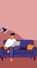 Young man comfortably working from home on a sofa with his laptop. Depicts remote work, freelance, online learning, and casual lifestyle.