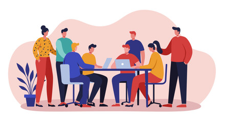 Group of diverse professionals meeting in an office, using laptops for collaboration and strategic planning. Ideal for business concepts.