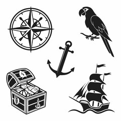 Pirate ship anchor parrot compass treasure chest icons vector