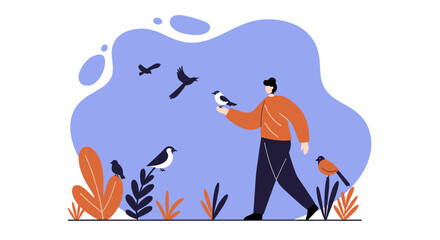 Person gently feeds birds in a peaceful natural setting, illustrating connection with wildlife and environmental care. Ideal for lifestyle, nature, and educational concepts.