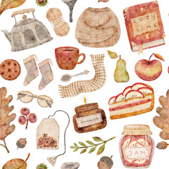 A comprehensive digital watercolor seamless pattern containing all the cozy autumn clipart elements, perfect for a full-fledged fall design.