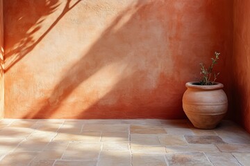 Warm terracotta wall with rustic shadows and natural stone floor.