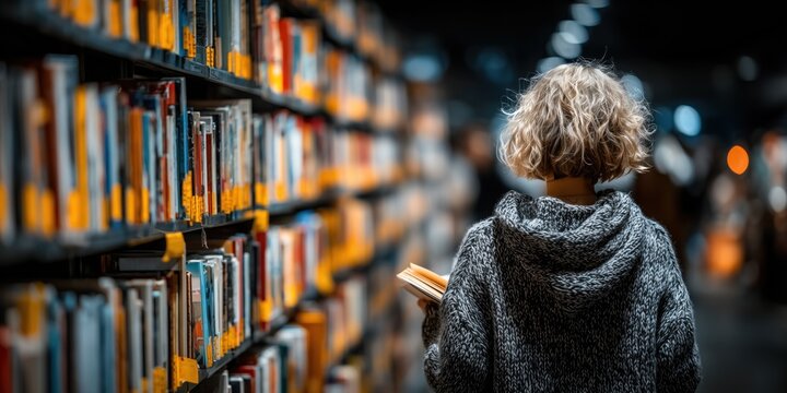 Student browses the library shelves, carefully choosing a book to read in the quiet, knowledge-filled atmosphere