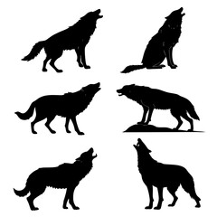 Six black wolf silhouettes howling and standing wolves