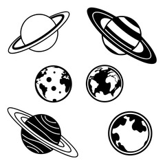 Six celestial bodies with rings and continents planet saturn