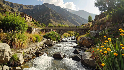 Scenic Mountain Stream Flowing under an Old Stone Bridge in a Lush Valley